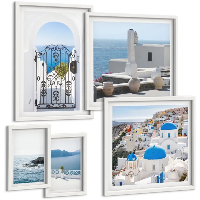 TULUP 4-Delige Schilderij Set - Griekenland, mediterrane stijl, zeezicht en architectuur - 50 x 50 cm, 20 x 30 cm en 40 x 60 cm - Decoratieve Muurdecoratie - Slaapkamer - Wanddecoratie Witte lijst