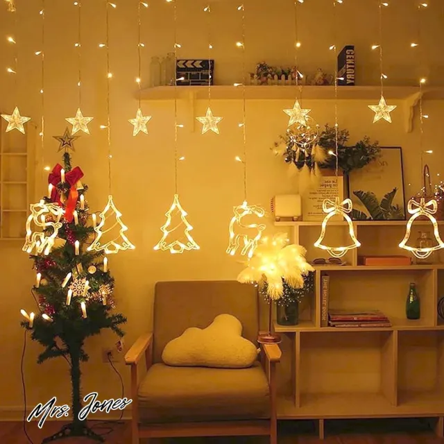 Mrs. Jones Led-lichtsnoer gordijn met sterren en kerstpatroon 138 leds warmwit kerstverlichting 8 modi stekker IP44 voor binnen en buiten ramen feestjes tuin kerstdecoratie .