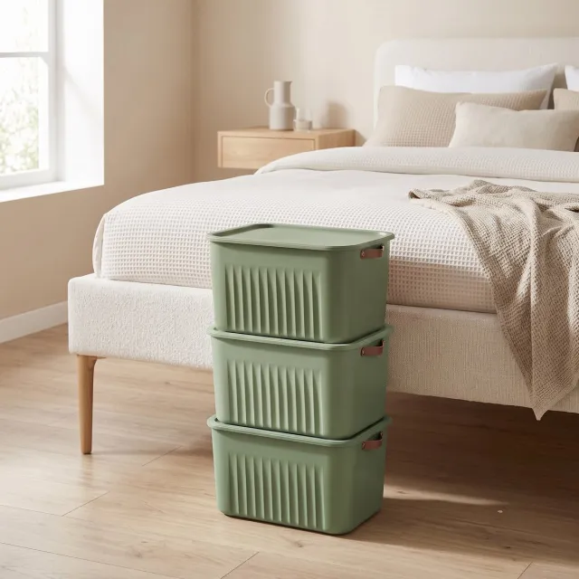 Indecor Opbergbox 15 Liter Set van 3 met Deksel – BPA-vrije Stapelbare Opbergdozen met Handgrepen – Opbergmanden voor Kleding, Speelgoed en Accessoires – Groen