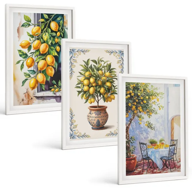 Coloray 3-Delige Schilderij Set - Citroenbomen En -Fruit In Een Zonnig Landschap - 40 x 60 - Wanddecoratie - Muurdecoratie - Woonkamer - Decoratieve Schilderijen Witte lijst