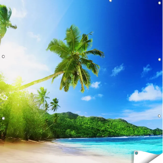 Gards Tuinposter Strand tijdens Zonsondergang in Seychellen - 110x110 cm - Tuindoek - Tuindecoratie - Wanddecoratie buiten - Tuinschilderij Multikleur