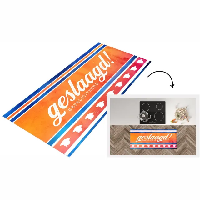 KitchenYeah Keukenloper - Loper keuken - Geslaagd - Oranje - Afstudeerhoed - Keukenloper vinyl Multicolor