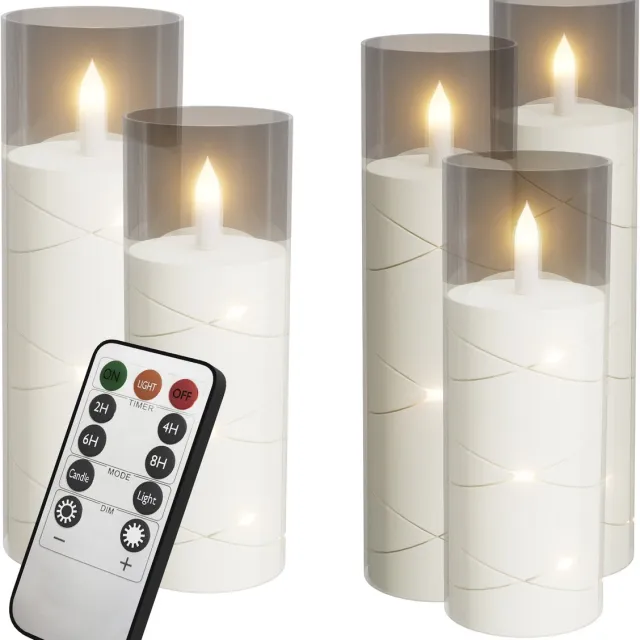 NAIZY 5x LED Kaarsen Kerstkaarsen Theelichtjes draadloos warm wit Kerstkaars met timerfunctie afstandsbediening kaars met clip, voor feestdecoratie met Batterij 14+16+18+20cm Hoog, Transparant