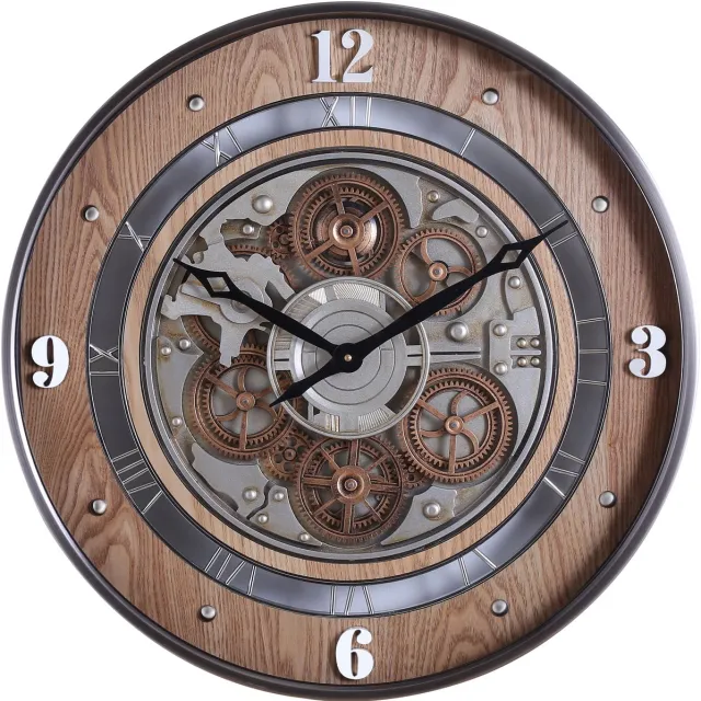 Fresco Wandklok Ø 60 cm – Vintage Wood – Bewegende Tandwielen – Houtlook – Industrieel – Stil Uurwerk Bruin