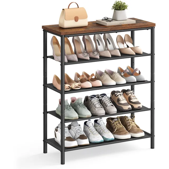 Vasagle Schoenenrek - Schoenenrek met 5 Lagen - Ruimtebesparend Ontwerp - 4 Stoffen Planken Vintagebruin