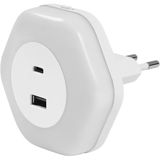 Osram LUNETTA HEXAGON stopcontact-nachtlampje, wit, 5 W, 5 lm, warmwit licht, USB-A- & USB-C-aansluiting, ledtechnologie, oplaadfunctie, lange levensduur, beschermingsklasse IP20, 3000 K