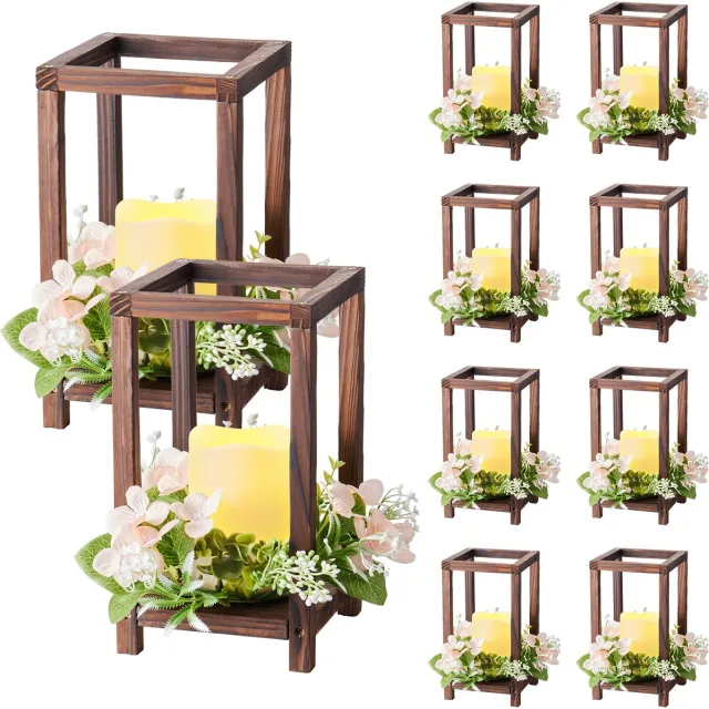 Vevor Set van 10 Houten Lantaarns voor Bruiloften, Inclusief 10 Houten Lantaarnkaarshouders, 10 Vlamloze Led-Kaarsen en 10 Champagnekleurige Bloemenkransen voor Bruiloftstafels, Feesten en Boerderijdecoraties, Bruin