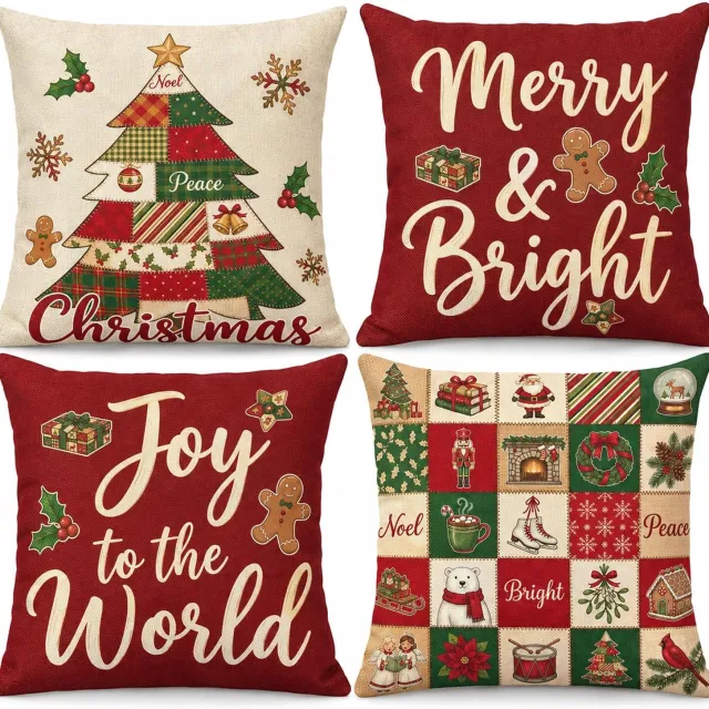YAGXIG Kerstkussenhoezen - 45 x 45 cm - Vierdelige set - Decoratieve kussenhoezen in landelijke winterse stijl - Zachte kussenhoezen - Geschikt voor banken, slaapkamers, fauteuils en balkons rood
