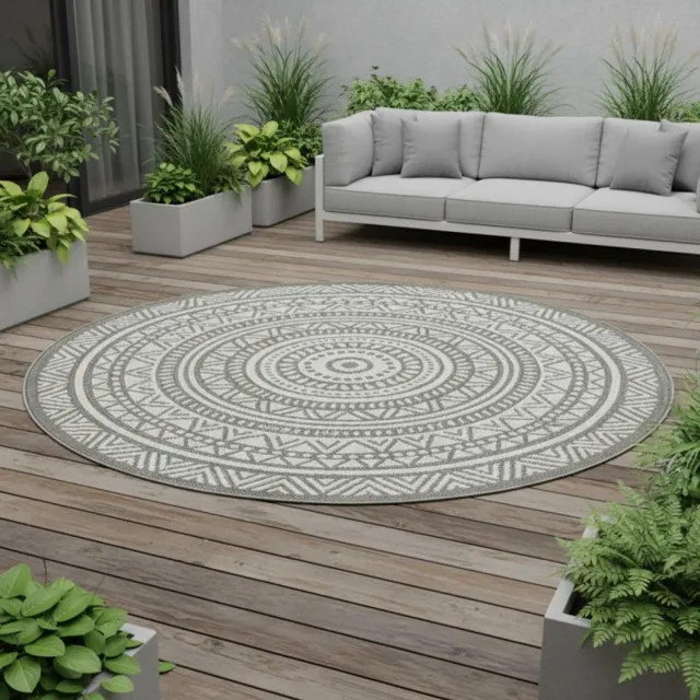 TapisTrend Designer tapijt Grijs 120 cm rond Etnisch mandala- met sisal-effect, geschikt voor binnen- en buitengebruik, voor de woonkamer, het terras, het balkon