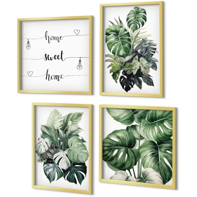 Coloray 4-Delige Schilderij Set - Groene bladeren van tropische planten, aquarelverf - 40 x 40 cm en 40 x 60 cm - Wanddecoratie - Schilderijen Set - Interieur - Interieur Decoratie Gouden lijst