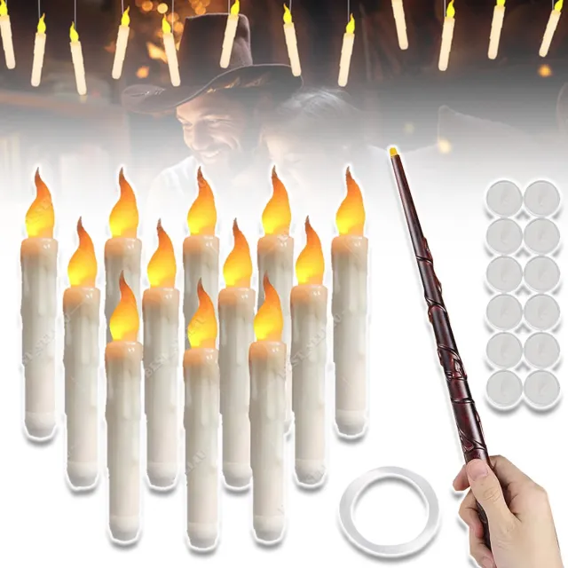 CHOOLY Zwevende LED Kaarsen met Toverstaf Afstandsbediening - 12 Stuks Flikkerende Vlamloze Kaarsen - Warm Wit Licht - Voor Halloween Decoratie Kerstdecoratie - Inclusief 30m Vislijn Haken