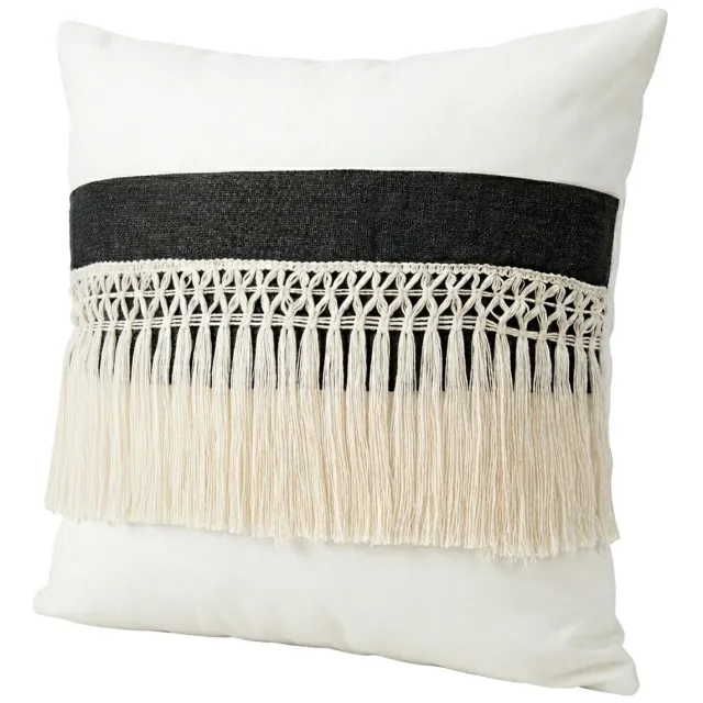 NUVEX Zwart wit kussen hoesje 45 x 45 cm vierkant polyester kussenhoezen met franjes en geweven patroon sierkussen hoes decoratief voor bank en stoel geschikt voor dames en heren