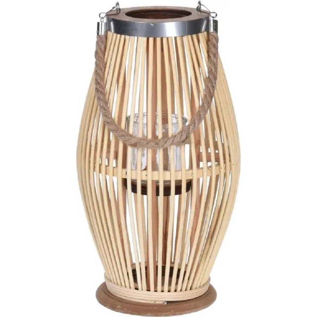 H&S Decoration lantaarn - bamboe - 21x38 cm - decoratie woonkamer - windlicht - tuin - tuinverlichting naturel getint