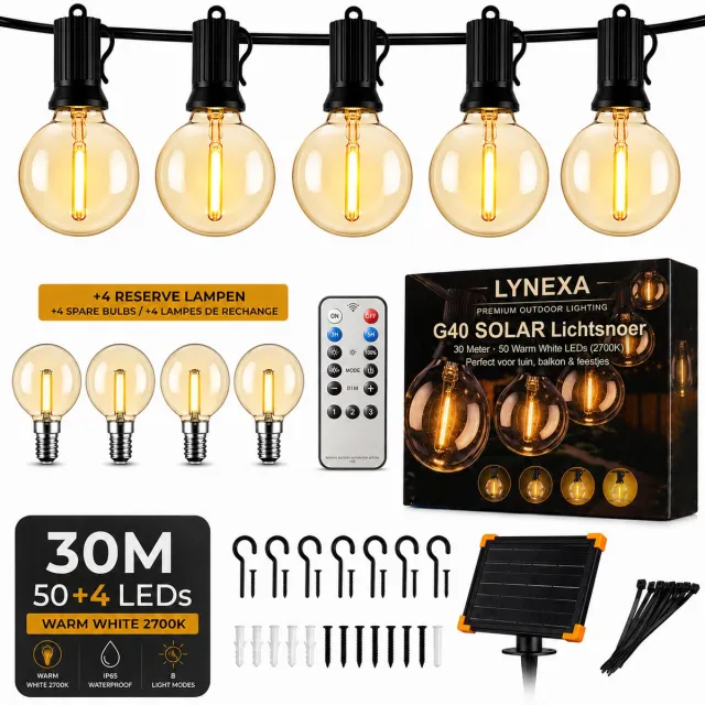 LYNEXA G40 Solar - Lichtsnoer Buiten - 30m - 50 Globe LED - Warm Wit 2700K - Solar & USBC Oplaadbaar - 6600 mAh Batterij - IP44 Waterdicht - Dimbaar met Afstandsbediening - 8 Lichtmodi - Tuinverlichting - Kerstverlichting Buiten - 4 Extra Lampjes