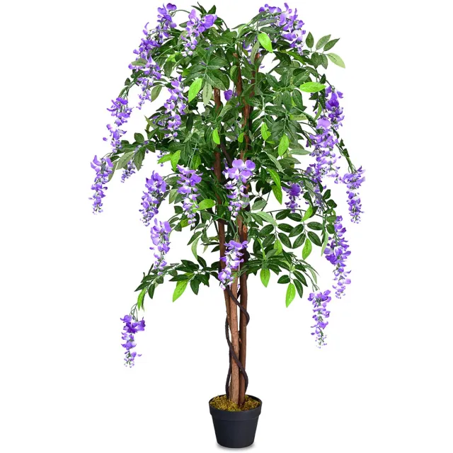 Costway 150cm nep blauwe regen boom, kunstmatige groene planten in kwekerij pot, decoratieve bomen voor thuis, kantoor, lobby Paars