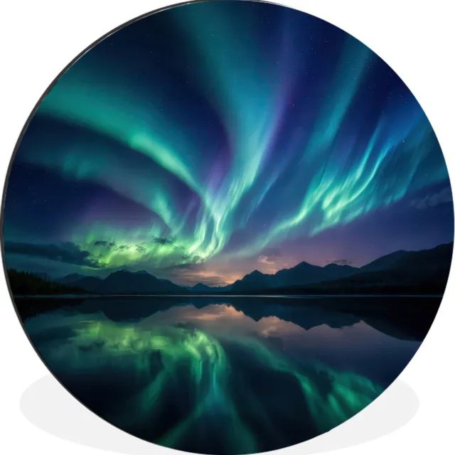 WallCircle Wandcirkel - Muurcirkel - Noorderlicht - Kleurrijk - Bergmeer - Aluminium - Dibond - 120x120 cm - Binnen en Buiten Noorderlicht - Meer - Bergen