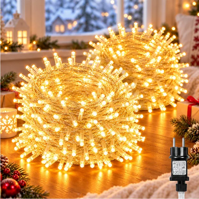 MUPOO LED Kerstverlichting Lichtsnoer Buiten 2 Stuks-Fairy Lights IP44-Lichtslinger met 8 Lichtstanden&Geheugen-Timer 6U/18U-Veilige 31V Laagspanning&Energiezuinig-Kerstboomverlichting voor Terras,Advent,Kerst-300 LED-30m-Warm Wit