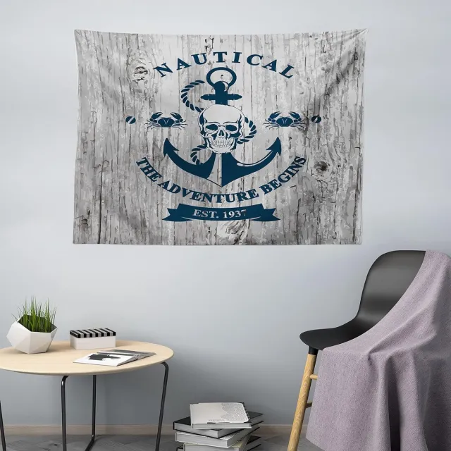 ABAKUHAUS nautisch wandtapijt, ankerschedel zeetouw, woonkamer slaapkamer wanddoek zijdezacht satijn wandtapijt, 200 x 150 cm, beige marineblauw