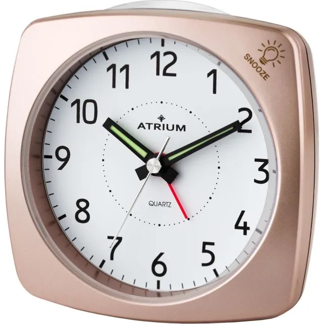 Atrium Wekker - Analoog - Zonder Tikgeluid - Brons / Rosé - Opbouwend alarmsignaal - Zachte knipperverlichting tijdens Alarm - Snooze - Glow in the dark wijzers - Grote Knoppen - Quartz Uurwerk - Wekkers Slaapkamers - Klok - A251-17
