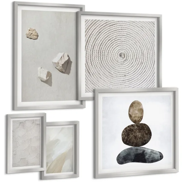 Coloray 5-Delige Schilderij Set - Matisse Design Aquarel Boho Planten - 20 x 30 cm - Muurdecoratie - Wanddecoratie - Hal - Interieur Decoratie Zilveren lijst