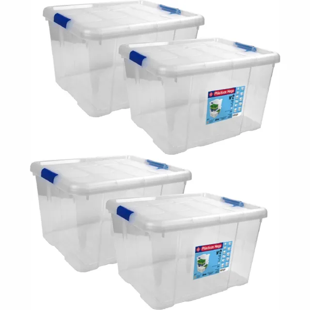 Hega hogar Opbergbox - Set van 4x stuks - met deksel - 42 x 35 x 25 cm - 25 Liter - Opbergbakken - Transparant