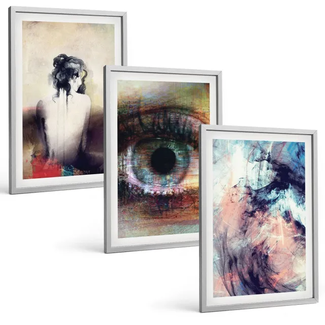 Coloray 3-Delige Schilderij Set - Portret Van Een Vrouwenoog Abstracte Kleuren Emoties - 40 x 60 cm - Stijlvolle Muurdecoratie - Kantoor Zilveren lijst