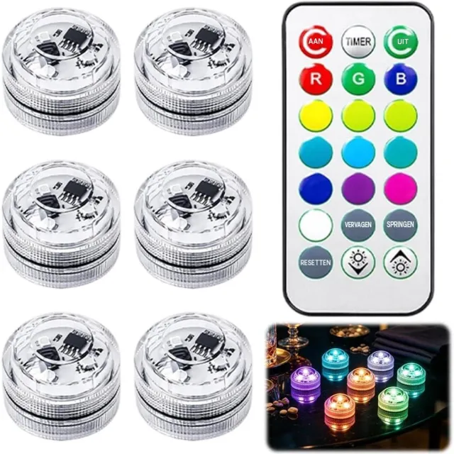 longziming Mini Onderwaterlampen - Set van 6 - Kleurrijke LED-theelichtjes met Afstandsbediening - RGB Verlichting met 13 Kleuren en 4 Lichtstanden - Waterdichte LED-lampen voor Vijver, Aquarium, Zwembad, Vaas en Feestdecoratie Wit