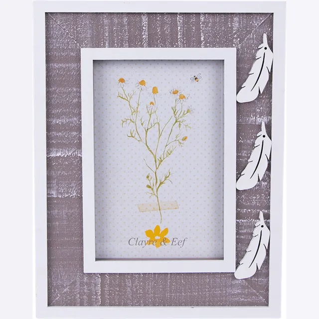 Clayre & Eef Fotolijst 10x15 cm Grijs Wit Hout Veertjes