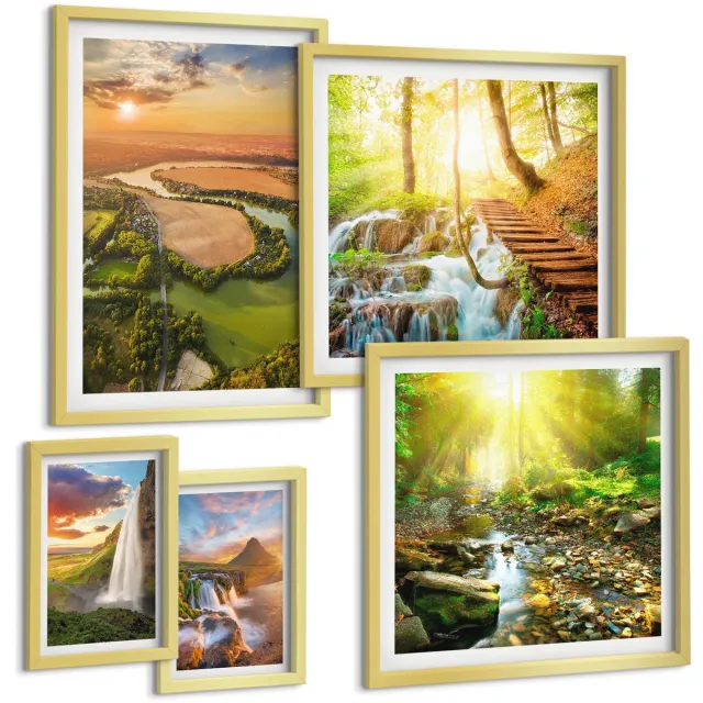 Coloray 5-Delige Schilderij Set - Natuurlijke Landschappen Met Watervallen En Groene Valleien - 50 x 50 cm, 20 x 30 cm En 40 x 60 cm - Wanddecoratie - Moderne Interieurdecoratie - Decoratieve Schilderijen Gouden lijst