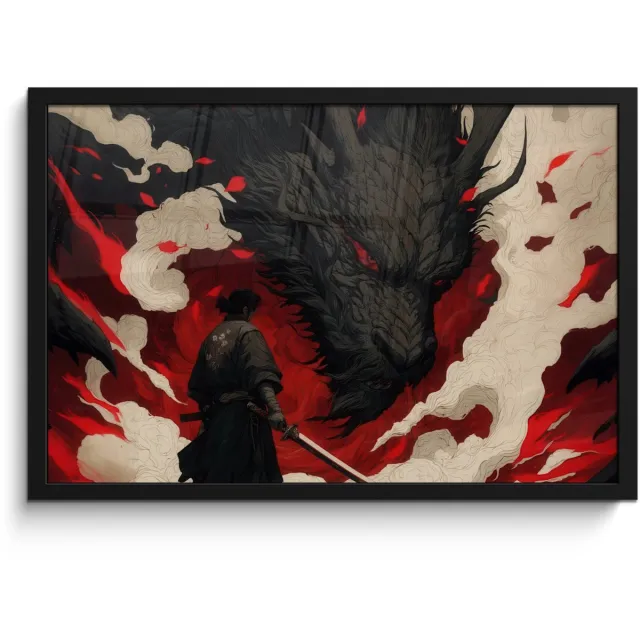 FrameYourWall Poster in lijst - Fotolijst 60x40 cm - Posters - Krijger - Draak - Zwart - Rood - Rook - Posterlijst zwart - Decoratie - Wanddecoratie woonkamer - Muurdecoratie slaapkamer