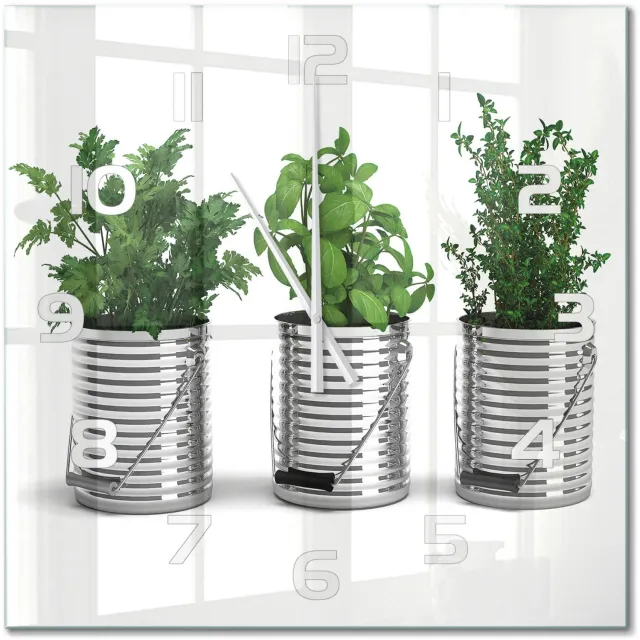 TULUP Wandklok - Aromatische planten Glazen Wandklok Design - 60x60 cm - Groente Klok Glas Met Opdruk - Witte handen - Vierkante Klok - Wandklok Glas Met Motief - Decoratieve Glazen Klok