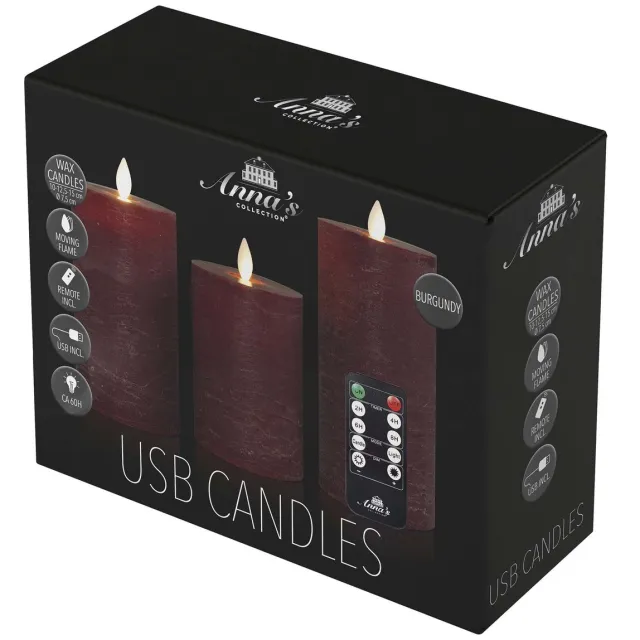 Anna's Collection LED kaars oplaadbaar flame effect rustiek set 7.5 cm bordeaux 3 stuks