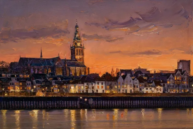 Atelier Iconique Skyline Nijmegen Luxury Oil Painting Skylines - Print op Canvas 90x60 cm - Atelier Iconique rijke, warme en premium kunsttinten