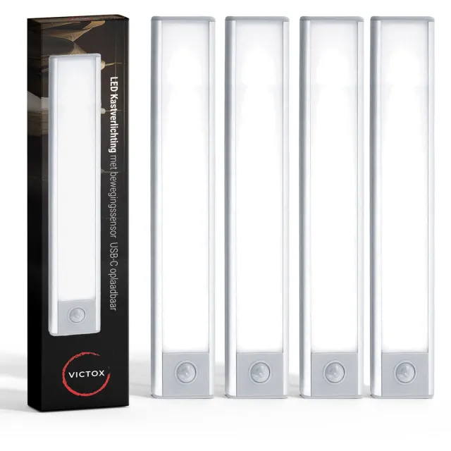 Victox LED Kastverlichting met bewegingssensor - 4 x 20 cm - USB-C Oplaadbaar - 3 Kleurtemperaturen - Magnetisch - Draadloos - Zilver (4-PACK) Wit 20cm 4pack