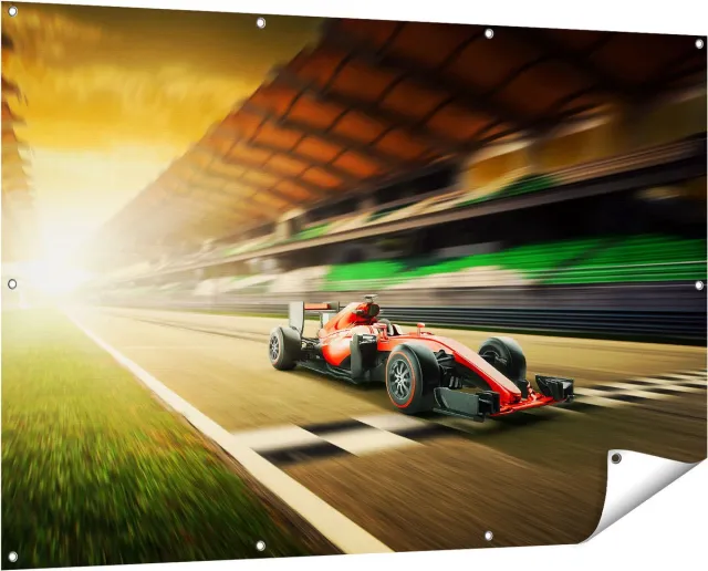 Gards Tuinposter Formule 1 Auto bij de Finish in het Rood - 150x100 cm - Tuindoek - Tuindecoratie - Wanddecoratie buiten - Tuinschilderij Multikleur