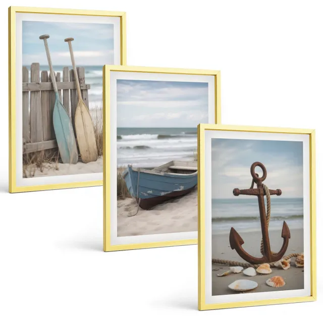 Coloray 3-Delige Schilderij Set - Geschilderd Gras Met Libellen Boven Het Water. - 40 x 40 cm En 40 x 60 cm - Muurdecoratie - Wanddecoratie - Hal - Stijlvolle Muurdecoratie Gouden lijst