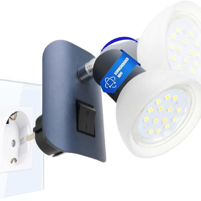 Trango LED-stekkerlamp 11-045 *CALI* in antraciet mat met glazen kap Stekkerlamp incl. 1x GU10 LED-lamp 3000K warm wit & tuimelschakelaar Leeslamp, keukenlamp, fittinglamp, wandlamp