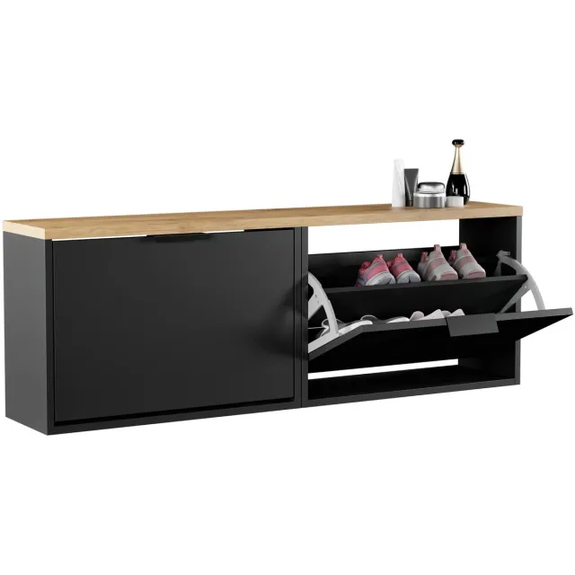 Planetmöbel STIVIO - Schoenenkast 60 cm - Zwart en goud eiken - Set van 2 met elk 1 klep - 23 cm diep