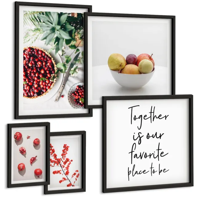 Coloray 5-Delige Schilderij Set - Fruitcomposities Met Plantmotieven En Tekst - 50 x 50 cm, 20 x 30 cm En 40 x 60 cm - Muurdecoratie - Wanddecoratie - Slaapkamer - Decoratieve Schilderijen Zwarte lijst