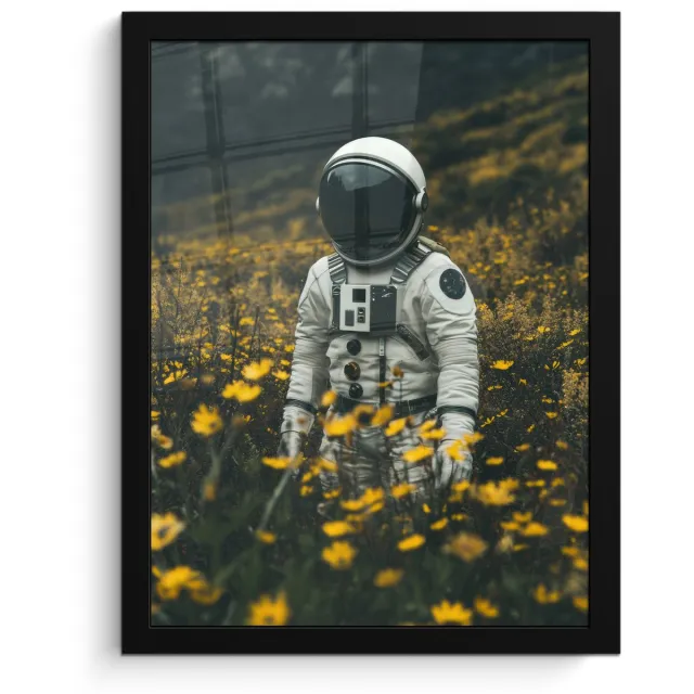 FrameYourWall Poster in lijst - Fotolijst 30x40 cm - Posters - Astronaut - Bloemen - Veld - Geel - Posterlijst zwart - Decoratie - Wanddecoratie woonkamer - Muurdecoratie slaapkamer