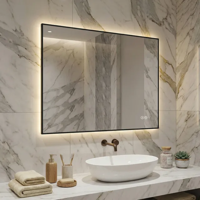 Wishdor LED-badkamerspiegel - Aluminium lijst met indirect licht - Condenswerend, stopt automatisch na 2 uur - Drie lichtkleuren en traploos dimbaar - Geheugenfunctie - Zilver - 60 x 80 x 2,5 cm