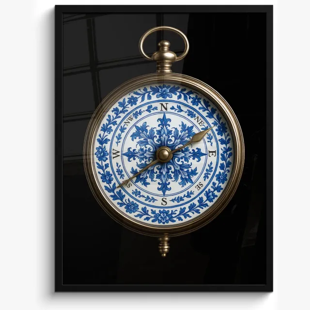 FrameYourWall Poster in lijst - Fotolijst 50x70 cm - Posters - Kompas - Delfts blauw - Zwart - Posterlijst zwart - Decoratie - Wanddecoratie woonkamer - Muurdecoratie slaapkamer