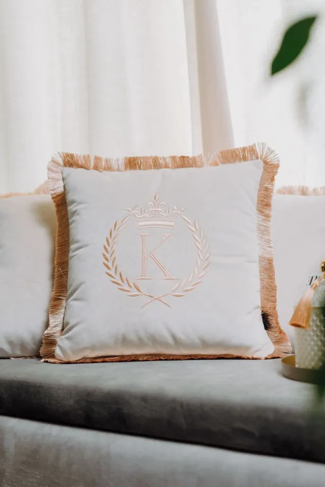 Sandra Mika Embroidered pillow / personalised pillow / monogram pillow / decorative cushion 40x 40 beige velvet letter K