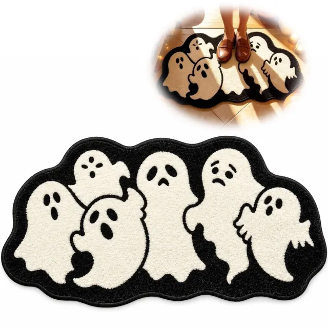 Huttutu Deurmat - Halloween Antislip Vloermat met Spookpatroon - Geschikt voor Badkamer en Buiten - Formaat 50x80 cm - 1 Stuk Zwart + Wit