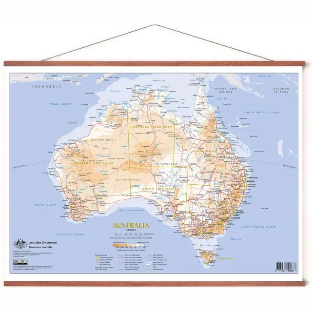 Esque Poster In Posterhanger - Kaart Australië - 50x70 cm - Steden & Staten - Kader Hout - Ophangsysteem - Educatief