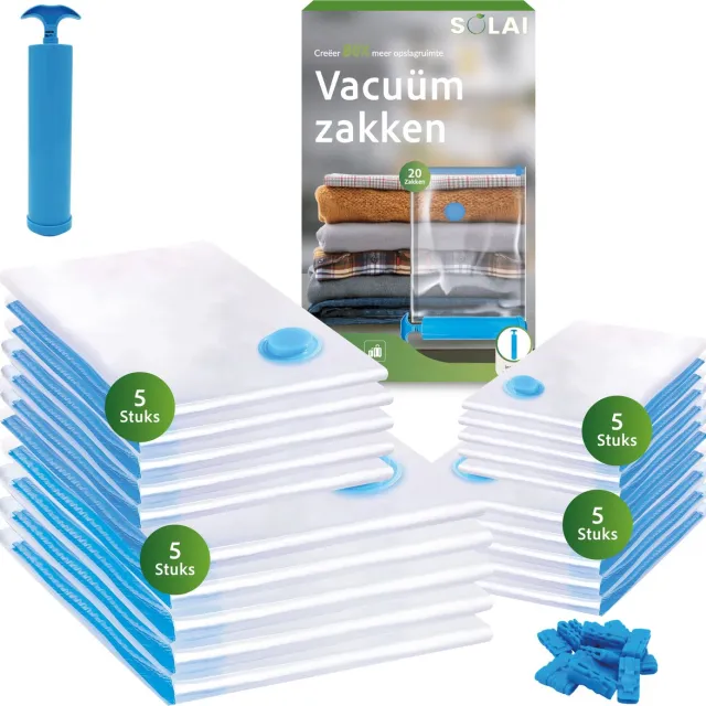 Solai Vacuümzakken – 20 stuks opbergzakken in 4 maten – Inclusief handpomp – Reiszakken – Voor kleding, beddengoed, reizen en opslag Transparant