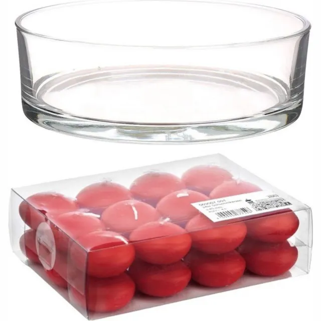Trend Candles Cadeau set/Sfeer set van een lage luxe transparante vaas 8 x 25 cm met 24x rode drijfkaarsen 4.5 cm Rood