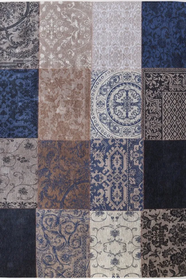 Louis de Poortere Vloerkleed - Vintage Patchwork Blue Denim 8108 - 170 x 240 cm Blauw