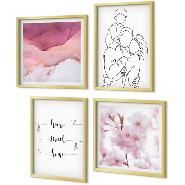Coloray 4-Delige Schilderij Set - Bloemen en familie in minimalistisch design. - 40 x 40 cm en 40 x 60 cm - Muurdecoratie - Schilderijen Set - Woonkamer - Decoratieve Schilderijen Gouden lijst