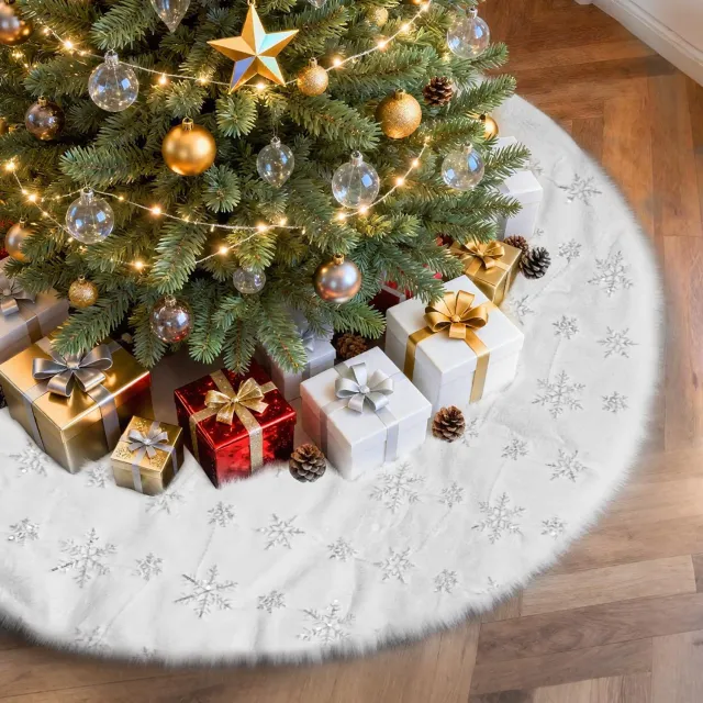 KZQ Kerstboomkleed - Wit - 90 cm - Rond - Met Sneeuwvlok Patroon - Kerstboomdeken - Kerstboomrok - Kerstkleed - Kerstboomring - Kerstboomtapijt - Kerst Versiering - Voor Kerstmis Wit-3